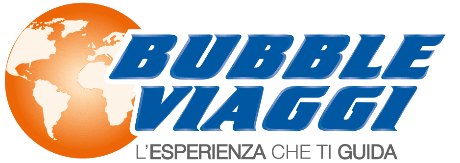 Logo di Bubble Viaggi: un mondo arancione, a sinistra e il titolo "Bubble Viaggi, l'esperienza che ti guida" a destra in blu